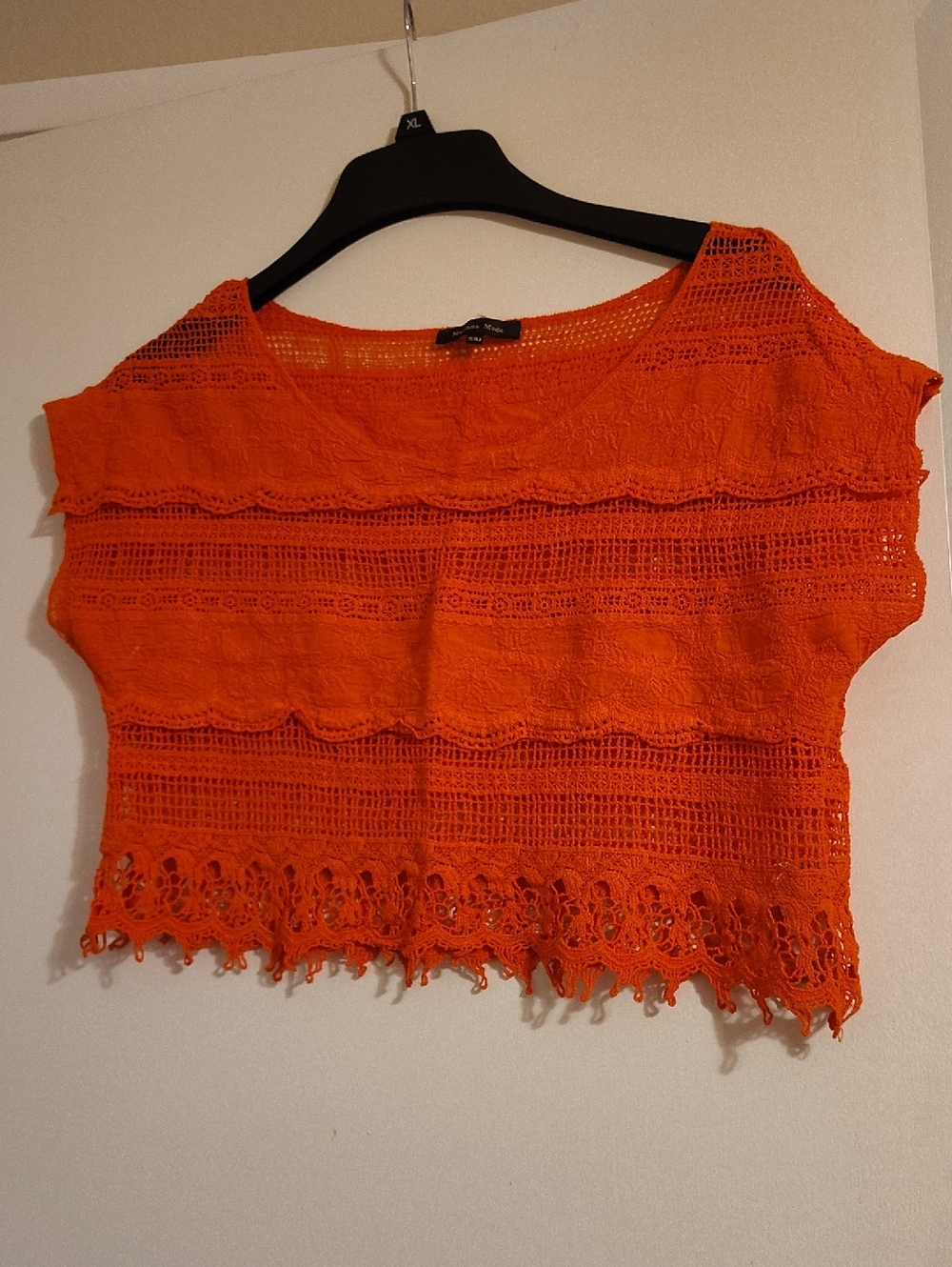 Bright Orange Crochet Short Sleeve Top - Unbranded